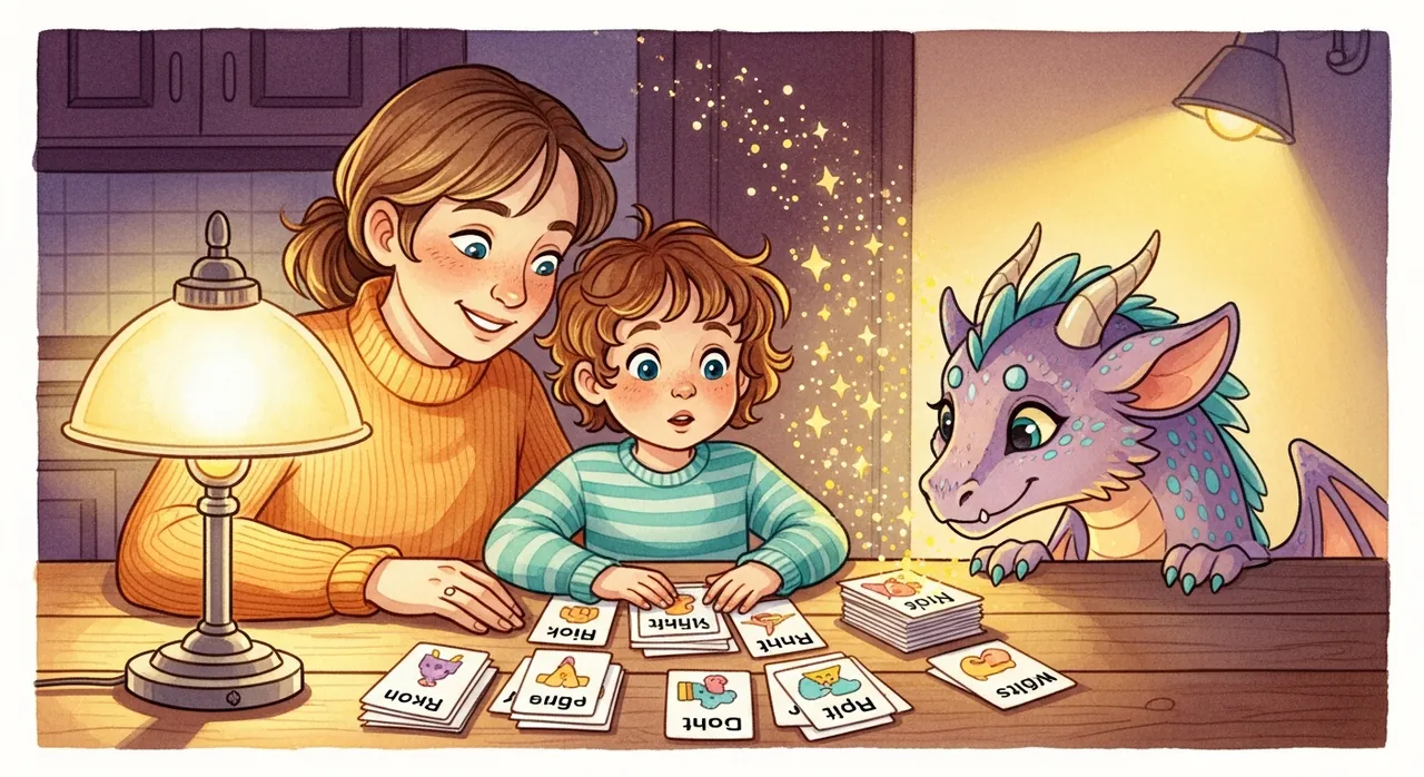 Warm watercolor illustration of a parent and kindergartner reading sight word cards with a friendly glowing beast companion