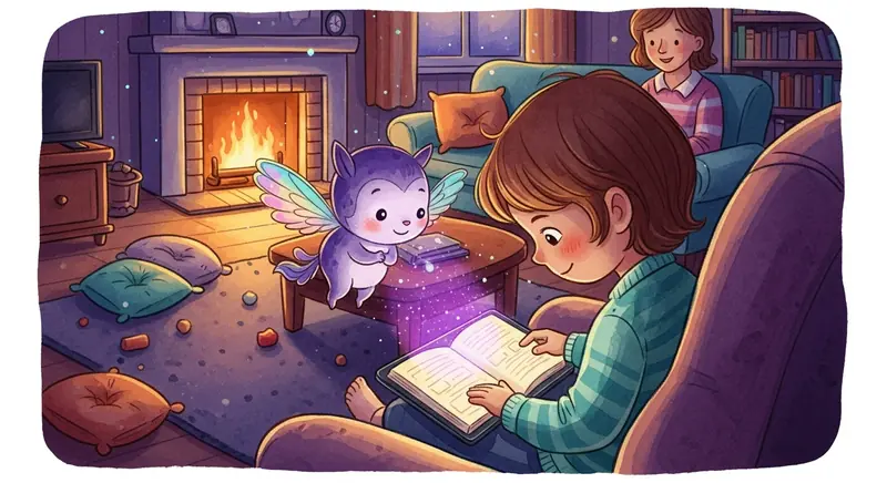 Warm watercolor illustration of a child practicing reading on a tablet with a glowing magical companion in a cozy living room
